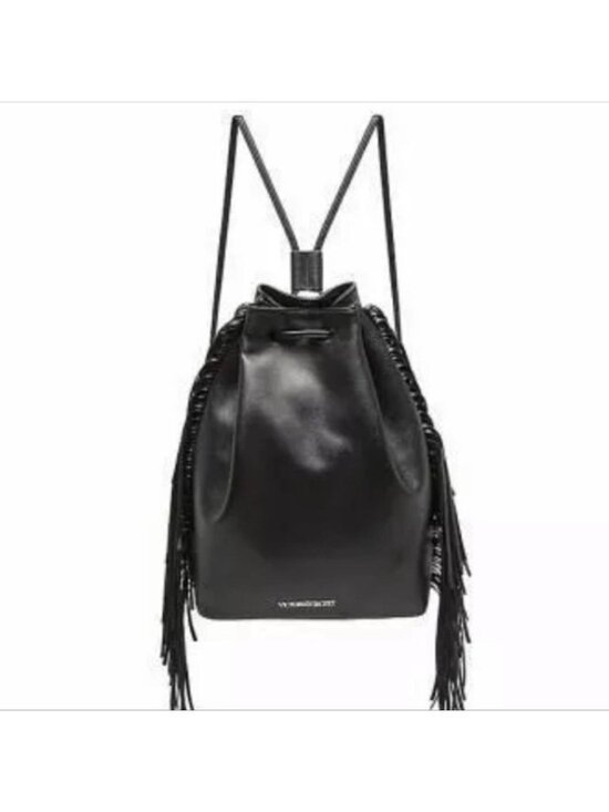 NWT Victoria’s Secret Fashion show black fringe drawstring bag or backpack.17” l main image 4